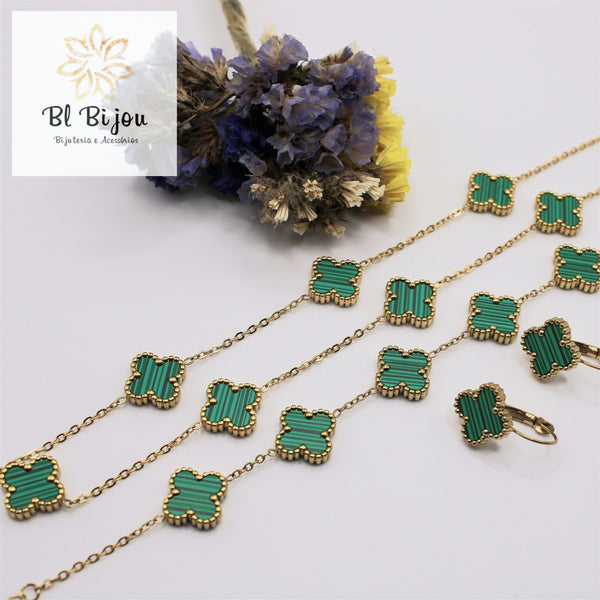 Conjunto de Fio, Pulseira e Brincos em Aço Inoxidável Trevo Verde