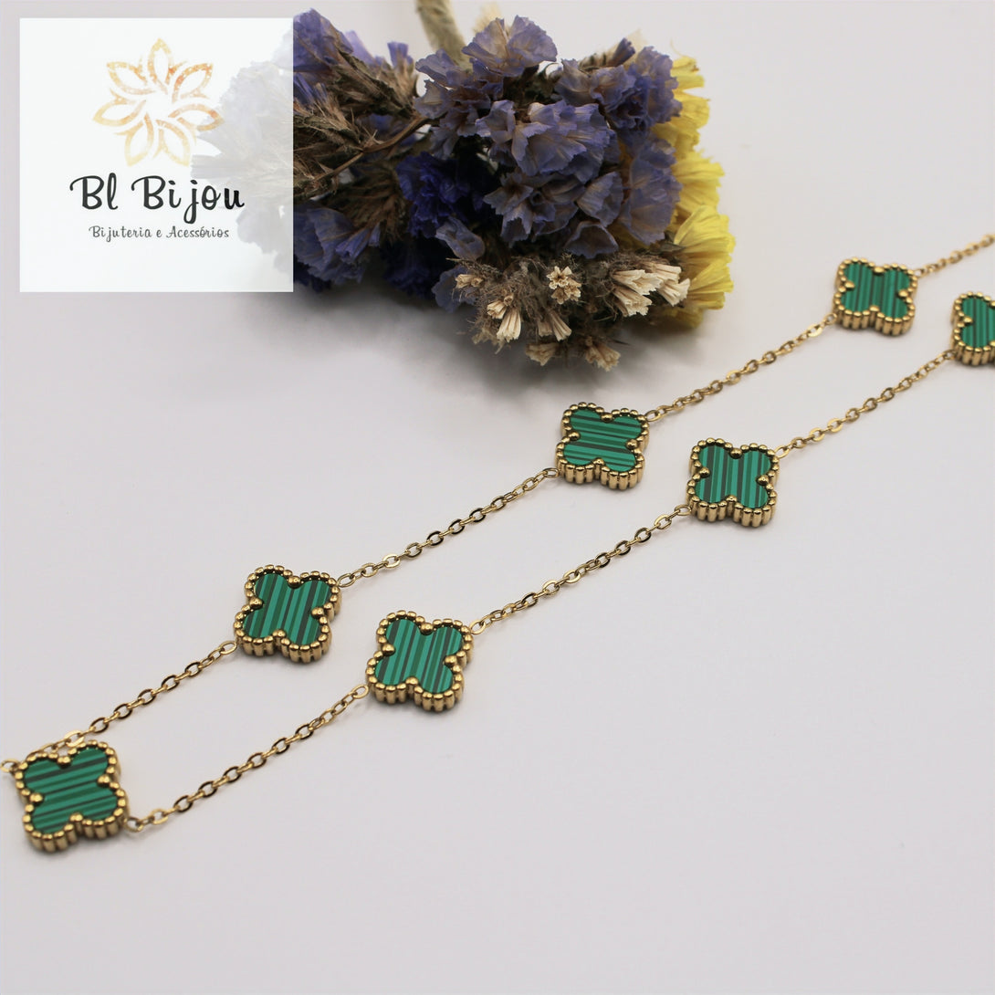 Conjunto de Fio, Pulseira e Brincos em Aço Inoxidável Trevo Verde