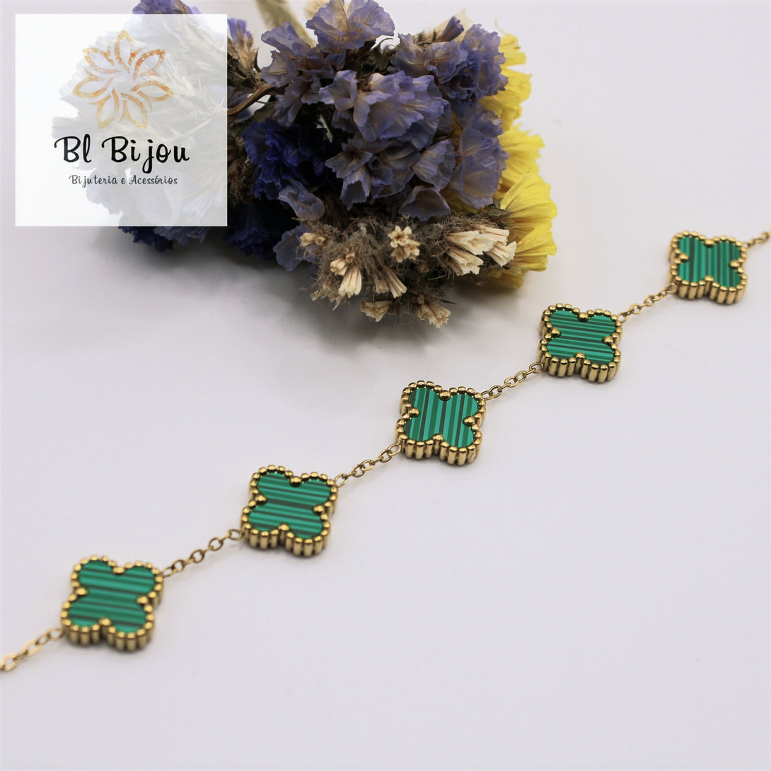 Conjunto de Fio, Pulseira e Brincos em Aço Inoxidável Trevo Verde